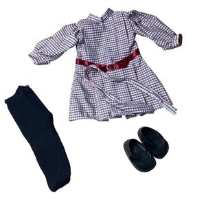 Pleasant Company 1986 Samantha Dress Tights Shoes Plaid Burgundy doll dress Set